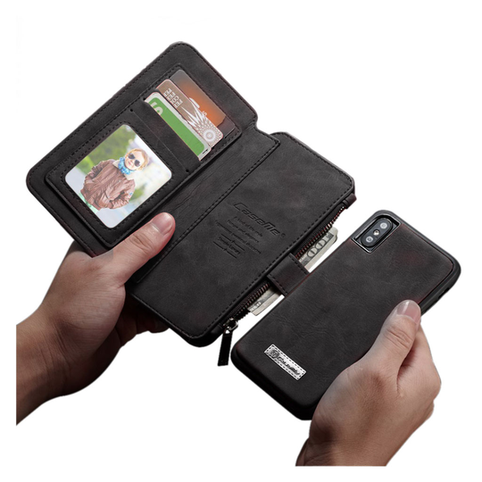iPhone XS CASEME 2in1 haljais nahkainen lompakko suojakotelo missä useat kortti paikat ja kolikko tasku - Musta