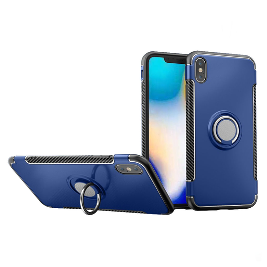 iPhone Xs Max hiilikuitu harjattu iskukestävä hybriidi muovinen takasuoja kuori - Tumman Sininen