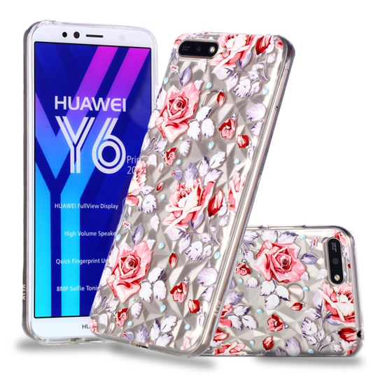 Huawei Honor 7A Kohokuvioitu 3D Timantti Rakenne Pinatinen Kova Muovinen Takasuoja Kuori - Punaiset Ruusut