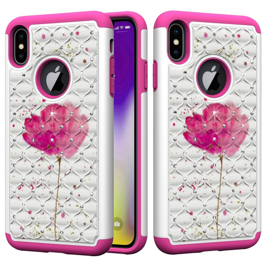 iPhone Xs Max Tekojalokivi koristeltu kuviollinen hybriidi muovinen takasuoja kuori - Pinkki Kukka