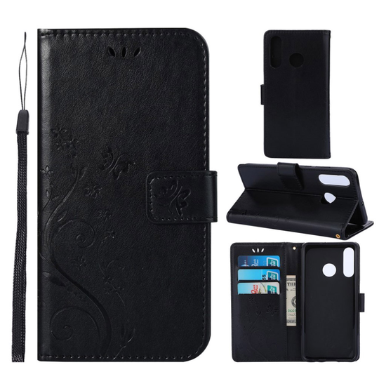 Huawei P30 Lite printti Perhonen Kukka nahkainen suojakotelo - Musta