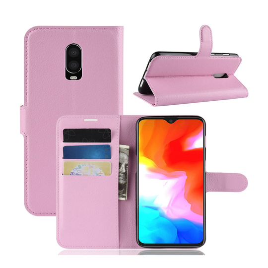 OnePlus 6T liitsihedelmä pintainen synteetti nahkainen lompakko suojakotelo - Pinkki