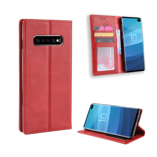 Samsung Galaxy S10 Plus vintage tyylinen nahkainen flip suojakotelo - Punainen