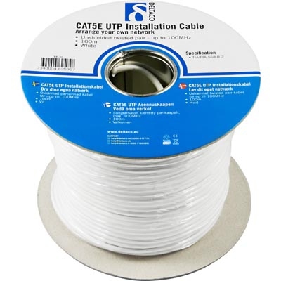 U/UTP Asennuskaapeli, Cat5e, 100m Kela, 100MHz, Delta-sertifioitu, Valkoinen