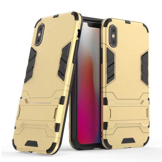 iPhone XS Liukuestoinen metalli pintainen hybriidi muovinen takasuoja kuori jalkatuella - Kulta